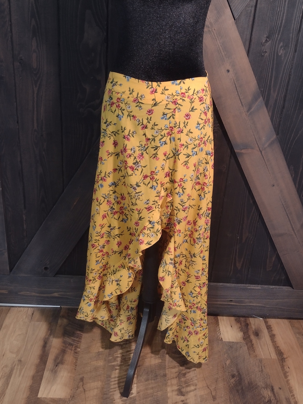 Yellow Floral Ruffle  Midi Skirt Size 6